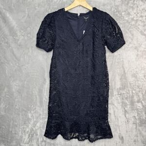 Express Floral Lace Dress Womens XS Navy V-Neck Puff Sleeve Ruffle Hem Lined NEW